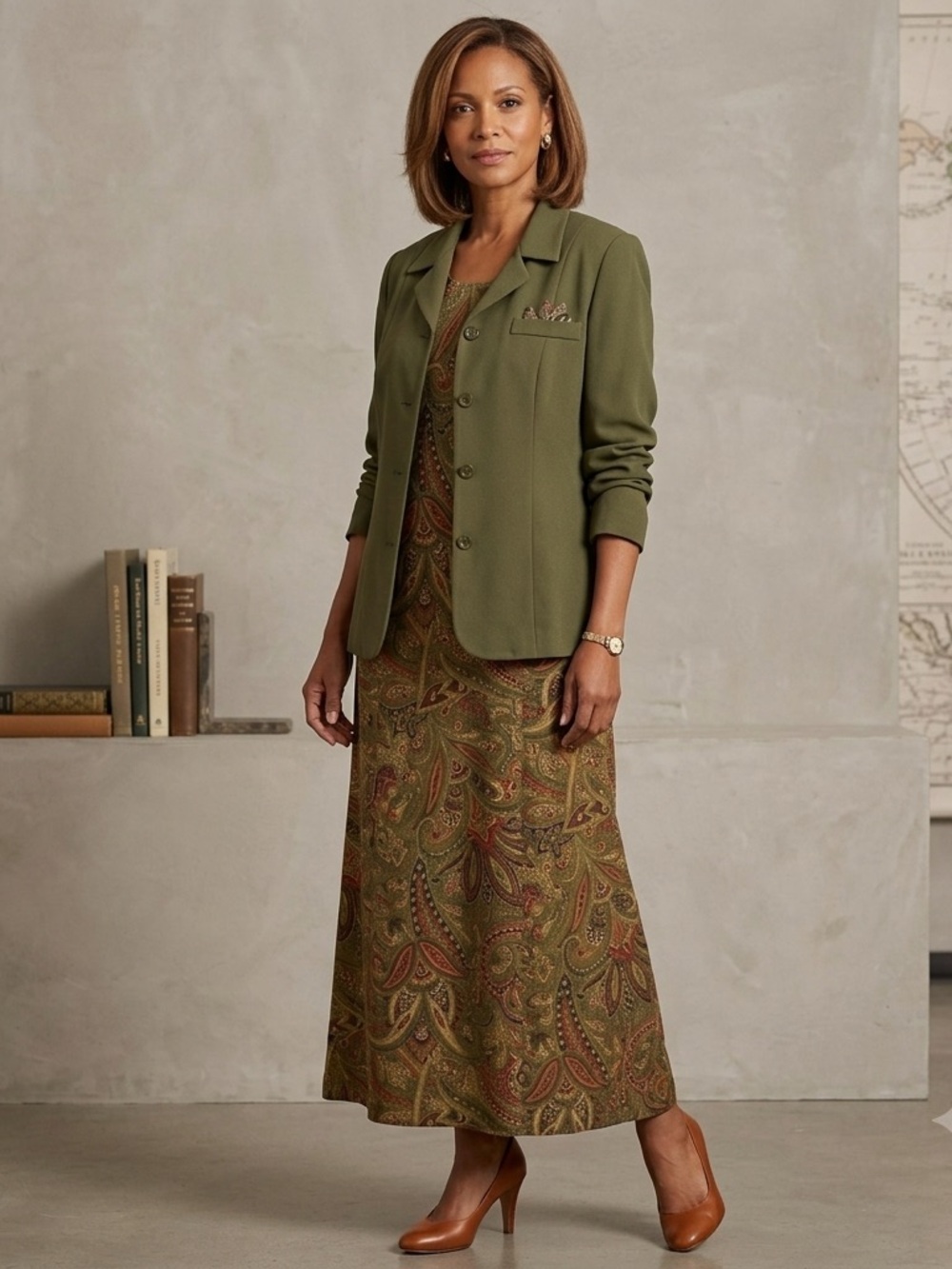 Vintage Melissa Harper Paisley & Olive Green Dress & Jacket Set Size 12